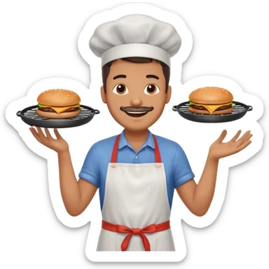 A cheerful man in an apron flipping burgers on a sizzling grill with smoke puffing upward. sticker