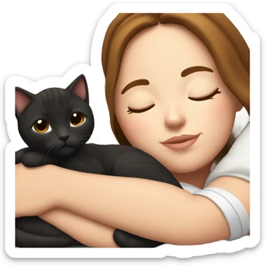 White girl brown hair sleeping with two black kitties sticker