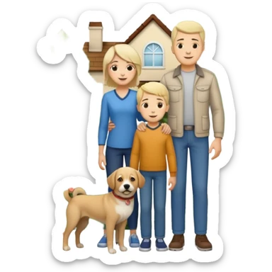 1 Father 1 Mother and 1 young boy who is half as tall as the parents, standing in front of their house with a dog next to them. Everyone should look VERY happy. There MUST be a house behind them with trees and plants sticker