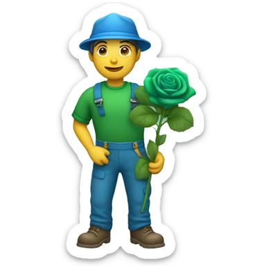 gardener with green clothes holds blue rose sticker