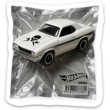 white 1971 Dodge Challenger Hot Wheels toy car, glossy and puffy, inspired by the movie 'Death Proof' sticker