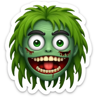 Faça um emoji de zumbi versão iPhone e faça uma zumbi com cabelo longo e preto e com franja. sticker