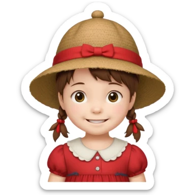 baby girl with brown hair and pigtails with a hat and red dress like My Neighbor Totoro movie sticker