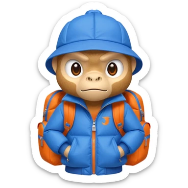 angry monkey wearing a blue puffer jacket, blue origami dinosaur backpack, orange Jurassic Park hat, android emoji style sticker