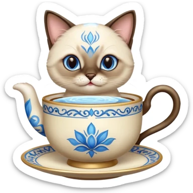 Happy Siamese cat holding an ornate tea cup between its front two paws sticker