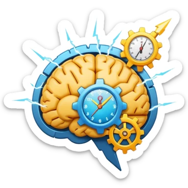 modern minimalistic emoji-style icon showing a brain with a gear overlay and a stopwatch hand or lightning bolt accent, representing quick smart inspiring digital meetings about AI and productivity tools, clean colorful expressive emoji logo sticker
