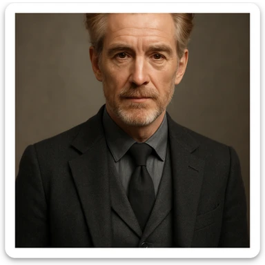 upper body portrait of a slender male character with graying red hair and brown eyes, mature and stylish sticker