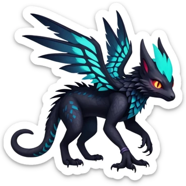 Black Dark Exotic Tropical Beaked Feathery Nocturnal Neon-glowing Abyssal Nightly Abyss-Cat-Gryphon-Noivern-Salandit-Silvally-Fakémon Creature (full body) sticker