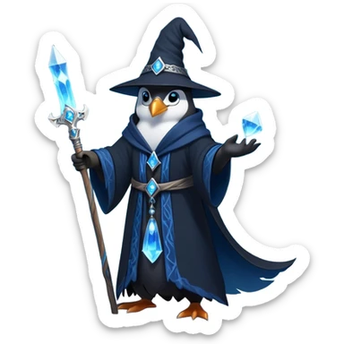 A mysterious penguin mage with sleek midnight-blue feathers, wearing a flowing black robe adorned with silver runes. A tall, pointed wizard hat sits slightly tilted on his head, the brim casting a shadow over his glowing icy-blue eyes. His flipper clutches an ancient wooden staff topped with a swirling crystal, radiating a soft, cold light. Snowflakes drift around him as he stands on a frozen cliff, his aura crackling with arcane energy, ready to summon a blizzard with a flick of his staff. sticker