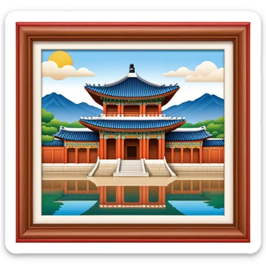 Cinematic Realistic Gyeongbokgung Palace Landmark Emoji, rendered with traditional Korean architecture, ornate wooden carvings, and vibrant colors, set against the backdrop of modern Seoul with soft evening light. sticker