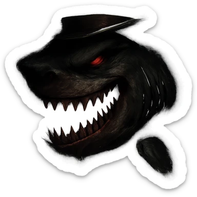 Make the shark look dangerous and menacing, inspired by the Antichrist—give it a sinister expression, sharp teeth, and a dark, ominous aura, but keep the top hat. No background. sticker