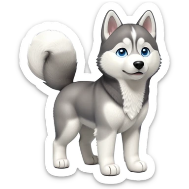cinematic-[siberian husky]-realistic-full-body-standing-emoji,-tail-resting-loosely-beside-its-paws,blue eyes-head-tilted-dramatically, -fluffy-[grey and white]-fur,-simplified-yet-realistic-focused-features,-highly-detailed,-glowing-with-an-almost-sarcastic-glow sticker