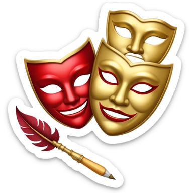 Create a bold and dramatic emoji representing the art of playwriting. The design should feature an open script or a theater playbook, with stylized text inside. Include elements like a theatrical comedy and tragedy masks, a stage spotlight, or a writting quill to symbolize creativity and performance. Use deep, contrasting colors like red, black, and gold to evoke the intensity and passion of drama. The overall design should feel dramatic, inspiring, and artistic. Make the background transparent. sticker