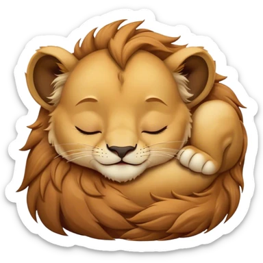 Meme-Worthy Cute Sleeping Lion Cub Portrait Emoji, Head resting peacefully with a contented smile, showcasing a robust build and a luxuriously soft tawny Fur with a flowing mane, eyes shut in a serene, restful nap, Simplified yet hilariously adorable features, highly detailed, glowing with a soft, drowsy light, high shine, relaxed and utterly lovable, stylized with an air of playful laziness, bright and heartwarming, soft glowing outline, capturing the essence of a comically sleepy Lion Cub, so meme-worthy it feels like it could instantly become the next viral sensation of adorable slumber! sticker