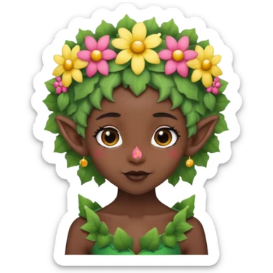 tiny Elf with Flower Crown, curley hair, black sticker