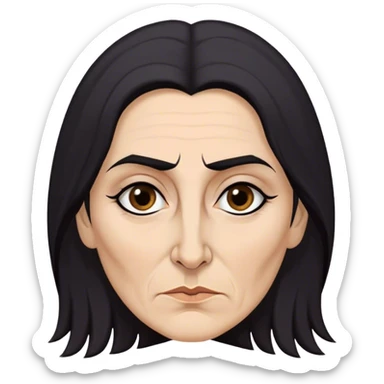 Mirri Maz Duur is a weathered, age 50 woman with deep-set dark eyes, high cheekbones, and a sharp nose, giving her a stern, knowing expression. Her long, unkempt dark hair  falls loosely over her shoulders sticker