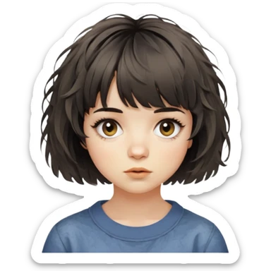 woman with short french bob haircut tousled textured messy wavy hair short straight-across blunt baby bangs very messy hair sticker