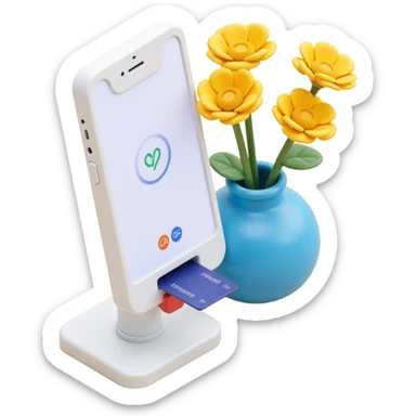 a skeuomorphism style icon featuring a white modern payment terminal with a large screen displaying a loading animation, a card inserted, next to a blue vase with yellow flowers, soft lighting, similar composition to the reference sticker