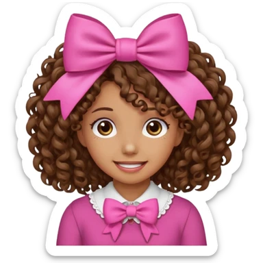 Curly hair brown hair tan skin girl, Pleading Face emoji, using pink bow sticker