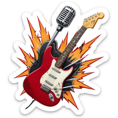 Create a fierce and edgy emoji representing hardcore rock vocal performance in a humanless collage. The design should feature a vintage microphone at the center, Add crossed drumsticks behind the microphone to symbolize the rhythm and power of the drums. surrounded by a menacing, distorted electric guitar with sharp, aggressive angles. Include subtle elements like lightning bolts, flames, or jagged sound waves to evoke the raw energy and intensity of hardcore rock. Use dark, intense colors like black, red, and silver, with a metallic, gritty finish to convey the rebellious, aggressive spirit of the genre. The background should be transparent. sticker