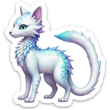 Kawaii white pastel iridescent beautiful pretty elegant divine edgy fantasy feline-vernid-sergal-Haku-fursona-animal-creature with a tufted tail full body with intricate markings  sticker