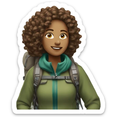A light skinned women with brown curly hair wearing hiking gear walking up a mountain  sticker