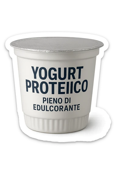 Yogurt proteicO CON LA SCRITTA "YOGURT PROTEICO PIENO DI EDULCORANTE" SULL'ETICHETTA,  iperrealistico 4k sticker