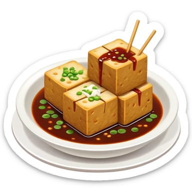 Changsha stinky tofu with dark appearance and sauce, simplified emoji style with bold outlines and bright colors, cartoon style Hunan specialty street food sticker