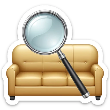 first-person view of a magnifying glass in foreground with a couch visible through the lens, furniture inspection sticker