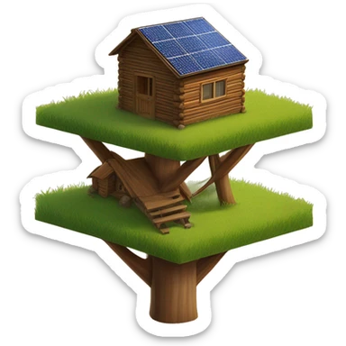 Wood Cabin near tree, 5 stories tall solar, grass field  sticker