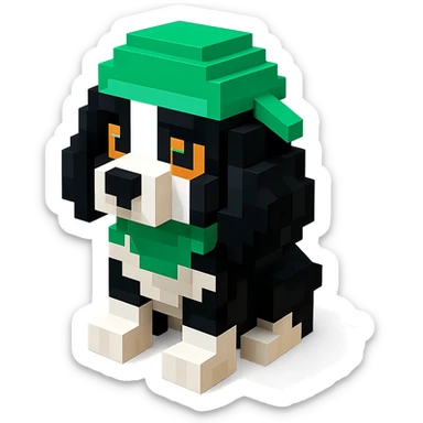 A black and white Russian Cocker Spaniel puppy wearing a green durag, voxel style, sitting sticker