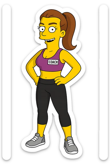 fitness coach woman, clear Simpsons cartoon style sticker