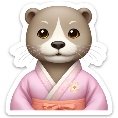 An otter emoji face dressed in pastel-colored traditional Korean hanbok sticker