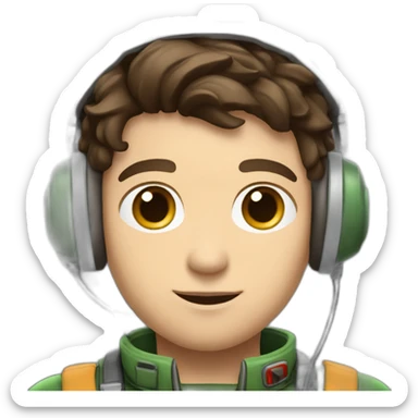 A young white male tennager with dark brown hair and brown eyes in a pilot suit and wearing a green Pilot headset sticker