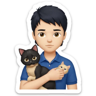 generate a pretty fair bratz boy with a messy mullet (black hair), wearing a dark blue polo.  holding a beige cat sticker