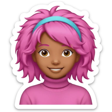 brown fluffy haired girl with pink turtleneck sweater and pink hair band sticker