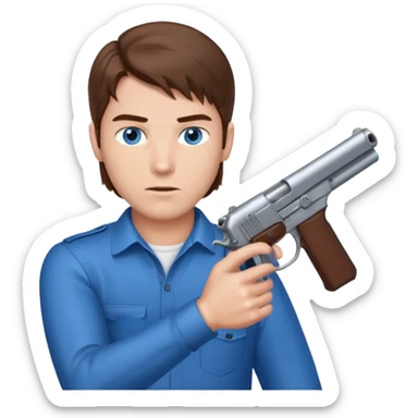 guy w medium long brown hair and blue eyes with gun pointing at head sticker