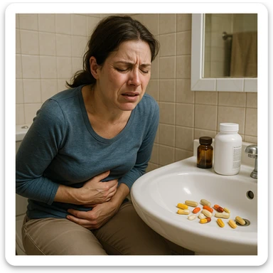 hyper realistic image of a woman in bathroom with symptoms of intestinal damage from supplements, expression of pain, supplements visible on the sink, clinical details, domestic environment sticker