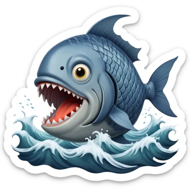A dramatic biblical illustration of the great fish that swallowed Jonah. The creature is massive and awe-inspiring, with a wide open mouth emerging from stormy waves. sticker