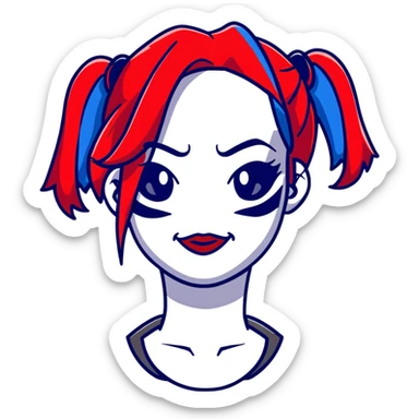 Harley Quinn style hair with red and blue ponytails sticker