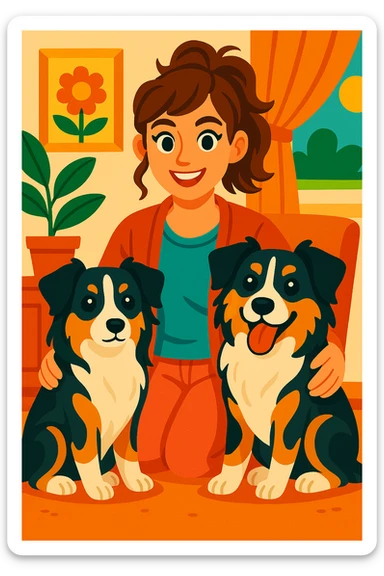Make the woman younger while keeping her with two mini Australian shepherds, one dainty female and one boyish male, in the same vibrant toon style. sticker