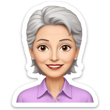 Older Puerto Rican actress Marian Pabón with elongated face, light pinkish skin, almond-shaped expressive eyes, straight nose, well-defined lips with wide smile, arched eyebrows, pronounced cheekbones, short spiky gray hair like a man's cut, more wrinkles, wearing a white buttoned shirt sticker