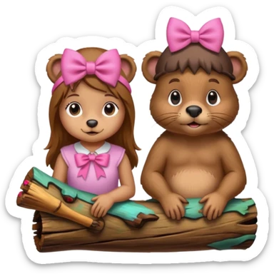 a girl beaver and a boy beaver on a log. give the girl beaver eyelashes and a bow on top of her head sticker