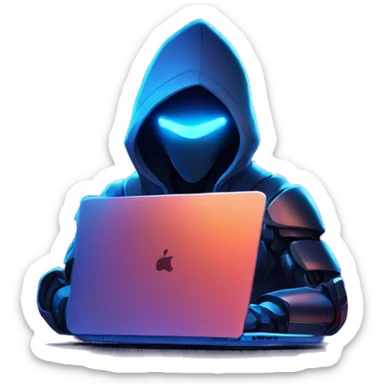Side view developer robot behind his laptop with this style : Riot Games Valorant neon glowing bright blue character blue black hooded assassin themed character sticker