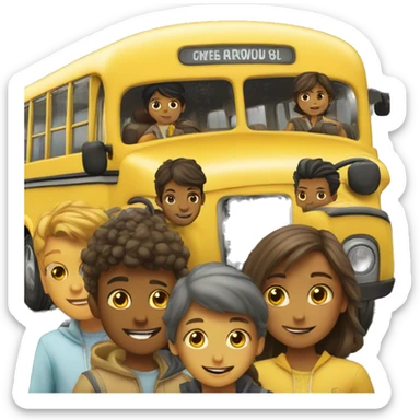 a yellow bus with 4 boys and 4 girls in it sticker
