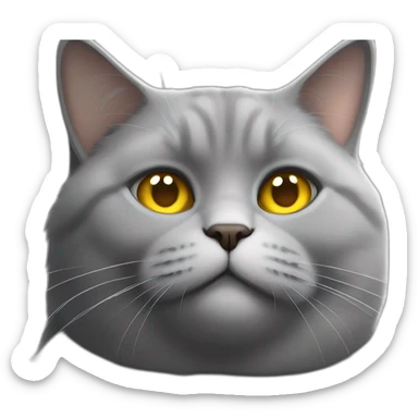 Fat Russian grey cat with golden eyes and a white spot of hair sitting like a person sticker