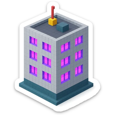 Russian panel apartment building, square block shape, light gray concrete, windows glowing with ultraviolet color, isometric view sticker
