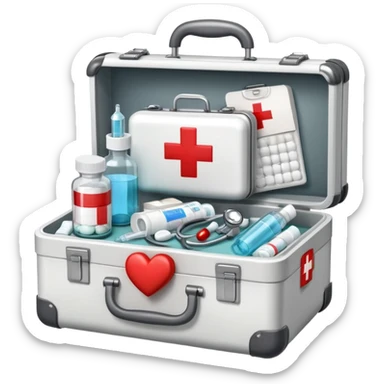 An icon featuring a medical suitcase with a red cross, a bottle of pills, a stethoscope, and a syringe, symbolizing medicine. The design includes a thermometer, bandages, and a heart monitor, representing healthcare and medical treatment. Transparent background highlights the science of healing. sticker
