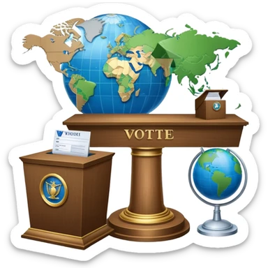 An icon featuring a podium with a speaker, a ballot box with a voting slip, and a globe, symbolizing political science. The design includes scales of justice and a world map in the background, representing governance and global politics. Transparent background highlights political analysis. sticker