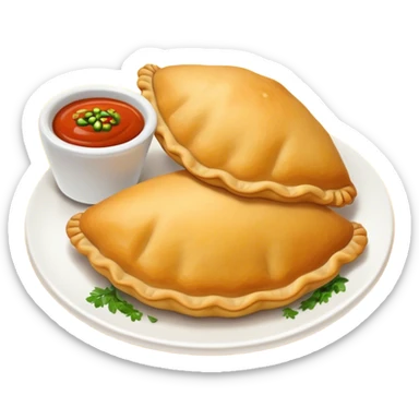 Cinematic Realistic Colombian Cornmeal Empanadas Emoji, showcasing the golden, crispy shell filled with savory meats and spices, served with a side of aji dipping sauce, rendered with vibrant textures and warm, inviting lighting. sticker